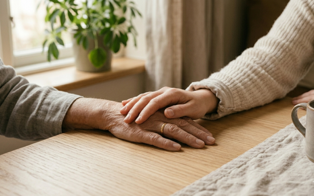 Zwei Hände auf einem Tisch – Symbol für Begleitung bei schwierigen Themen